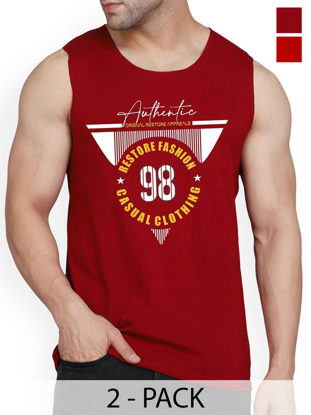 

WOOSTRO Pack Of 2 Printed Cotton Gym Vests RS26 CMB (HARD RED) (98 MAROON)