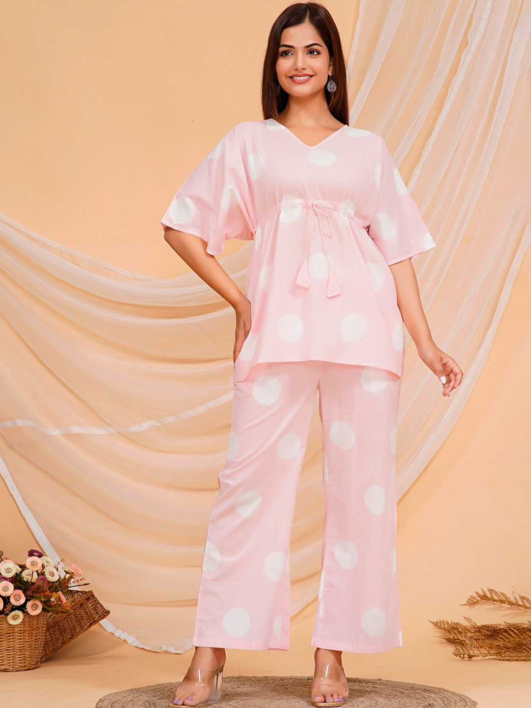 

JAGNA Polka Dot Printed Pure Cotton Kaftan Top With Trousers, Pink