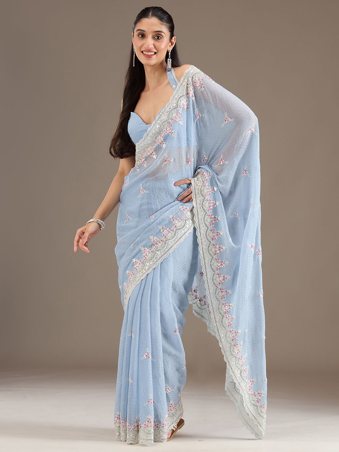 

Koskii Blue Embellished Chiffon Saree