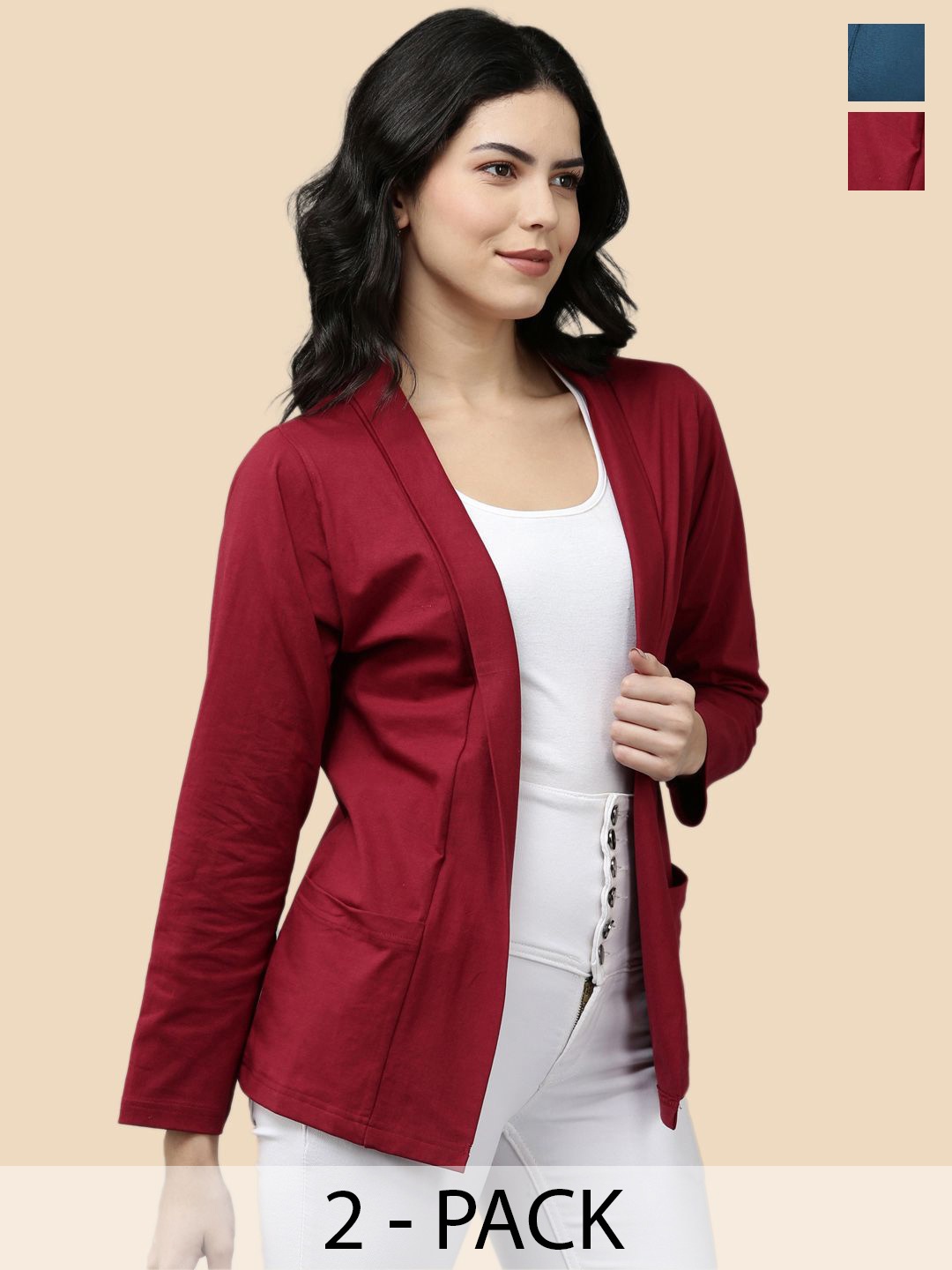 

Kryptic Pack Of 2 Cotton Open Front Shrug, Maroon