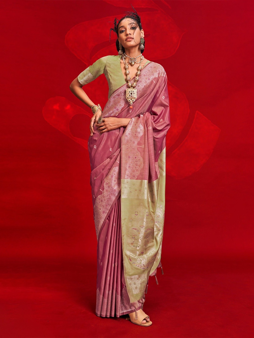 

MySilkLove Woven Design Zari Tussar Saree, Pink