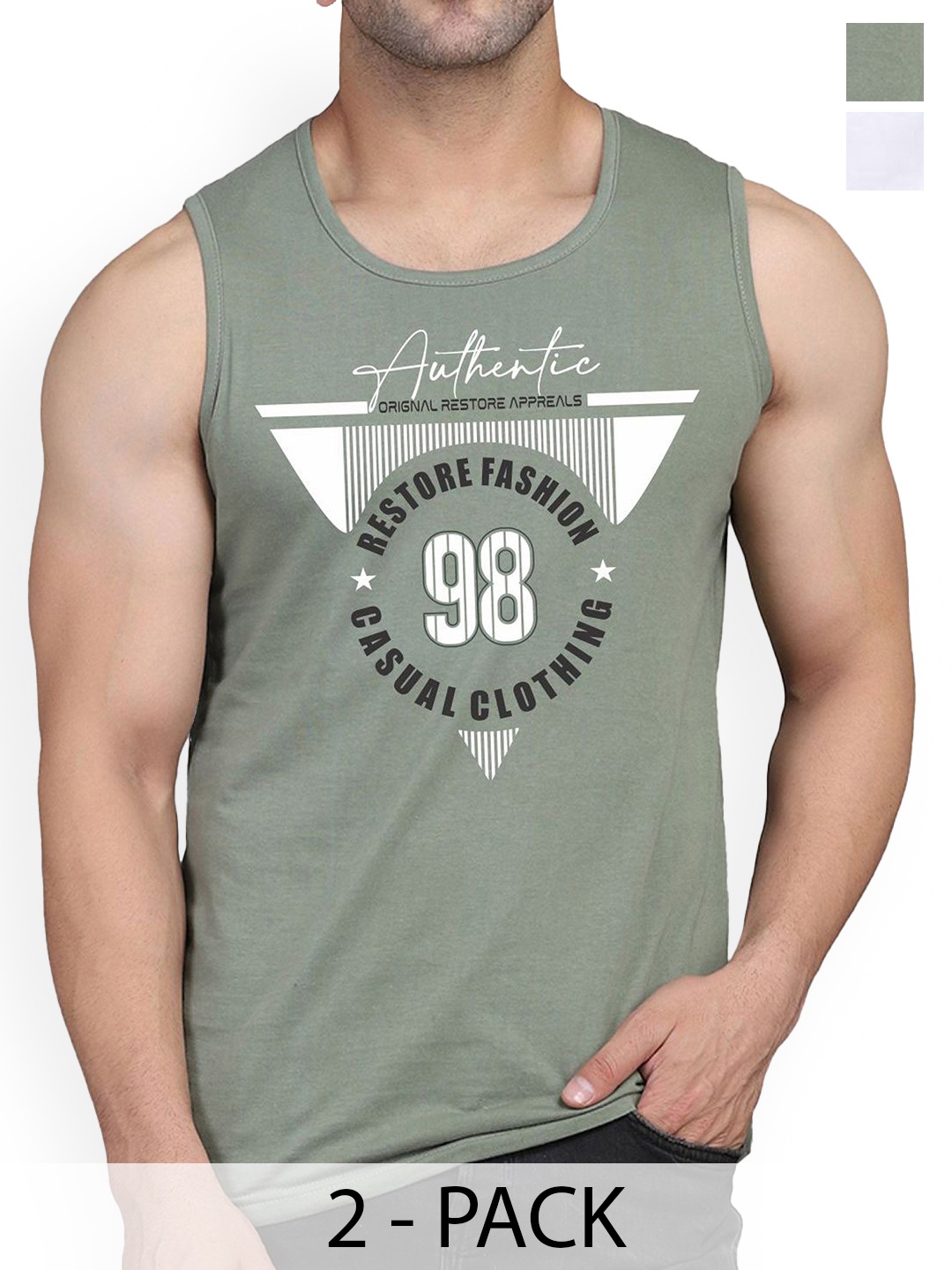 

WOOSTRO Men Pack Of 2 Printed Combed Cotton Innerwear Gym Vests, Green