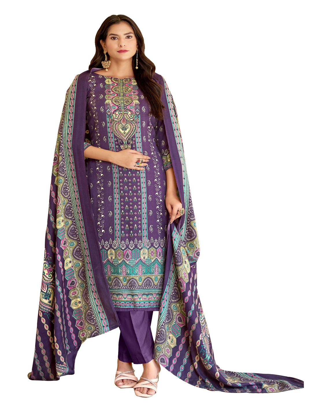 

DRAVINAM Trends Ethnic Motifs Printed Pashmina Unstitched Dress Material, Purple