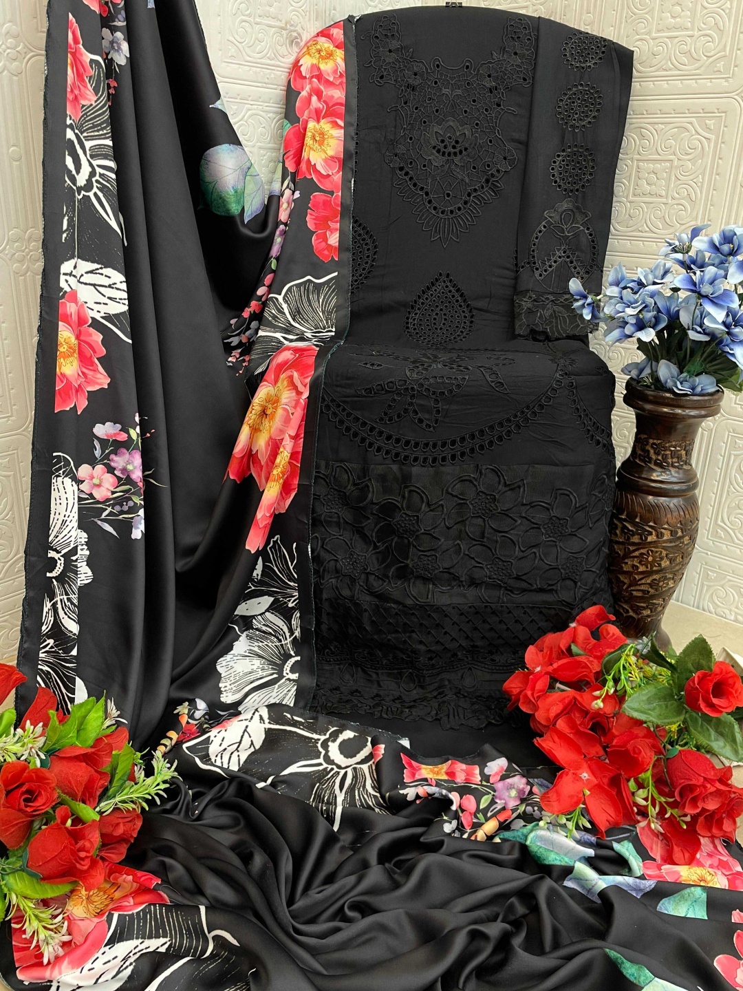 

ANAMSA Ethnic Motifs Embroidered Pure Cotton Semi-Stitched Dress Material, Black