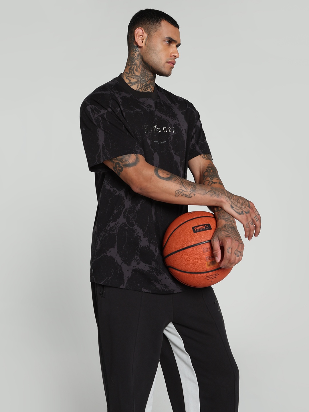 

PUMA Hoops Men Abstract Printed Round Neck Cotton Oversized T-shirt, Black