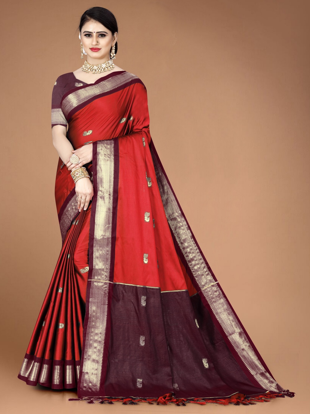 

Moda Rapido Woven Design Zari Art Silk Paithani Saree, Red