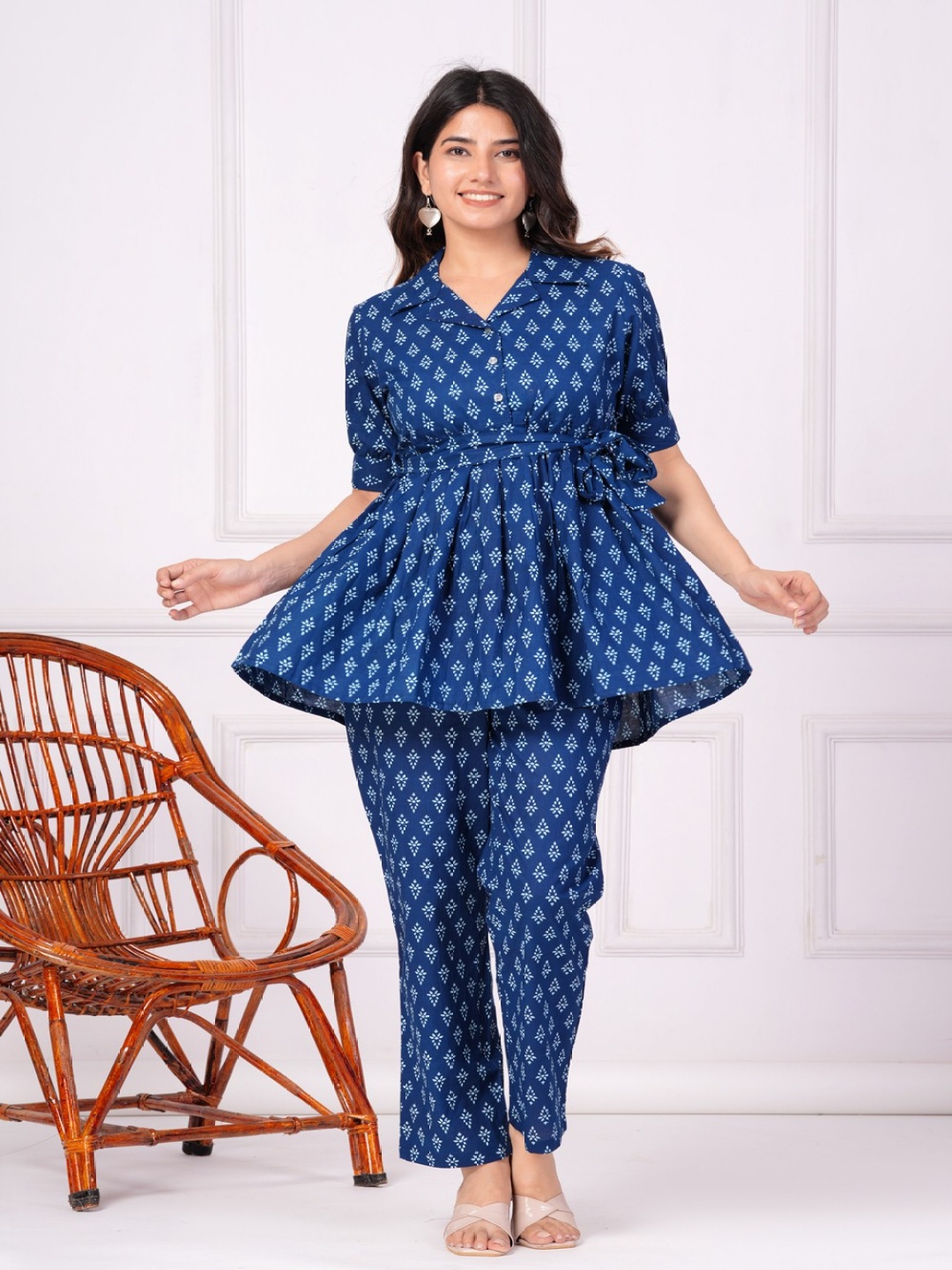 

COTNUF Printed Pure Cotton Flared Top With Trouser & Belt, Blue