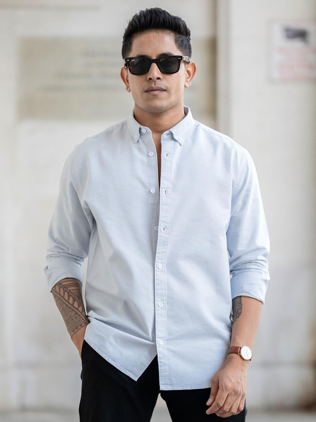

Powerlook Men Button-Down Collar Textured Cotton Casual Shirt, Blue