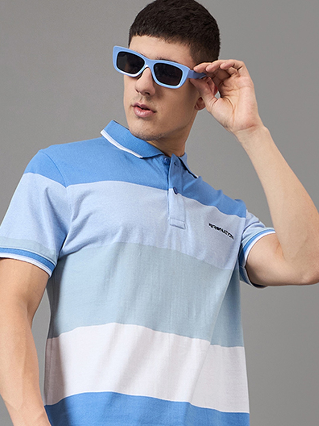 

BRONATION Men Striped Polo Collar Cotton T-shirt, Turquoise blue
