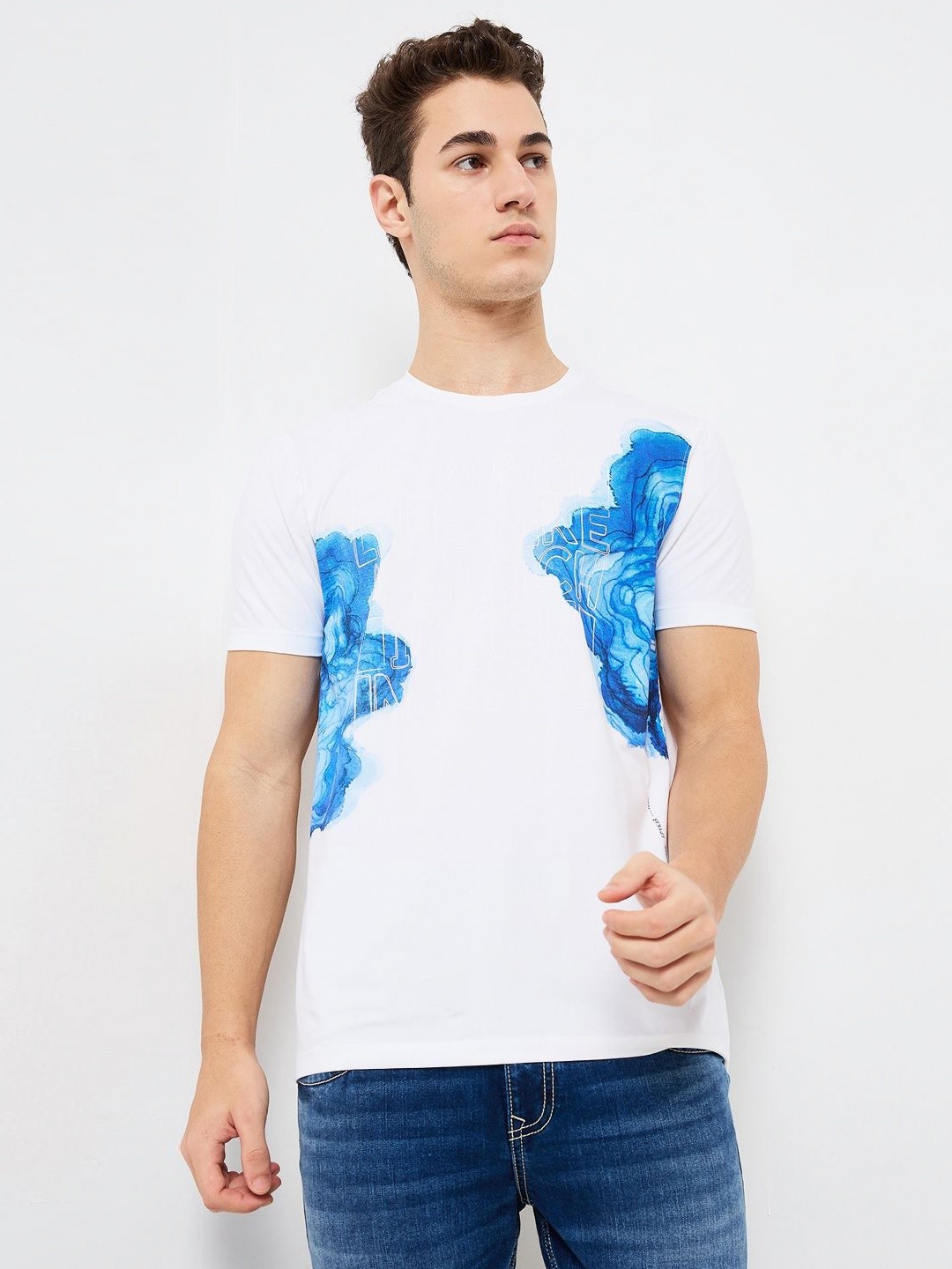 

SPYKAR Men Abstract Printed Round Neck Cotton Slim Fit T-shirt, White