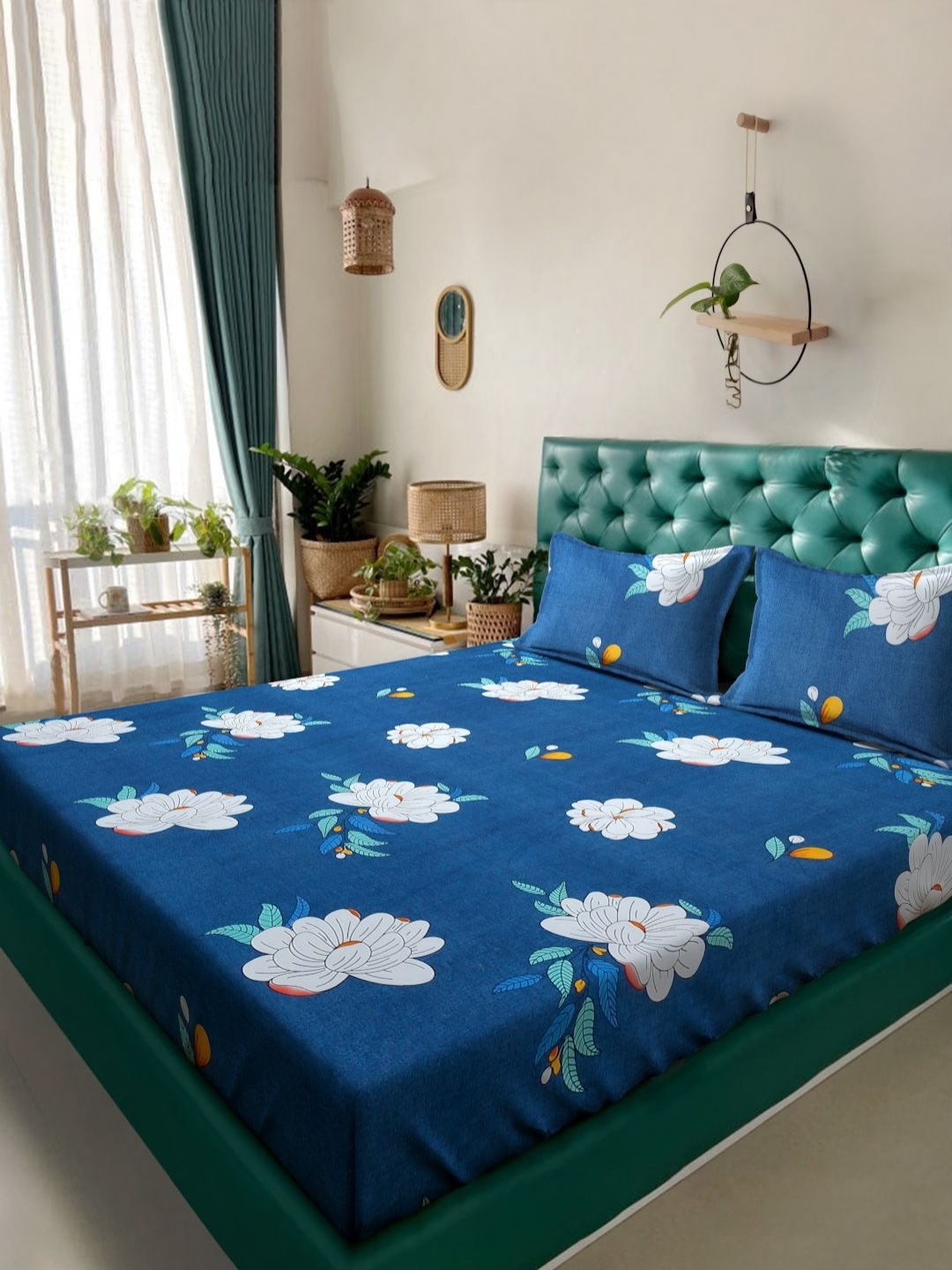 

HOSTA HOMES Blue & White Floral Printed 280 TC Queen Bedsheet Set 1.82 m X 1.10 m