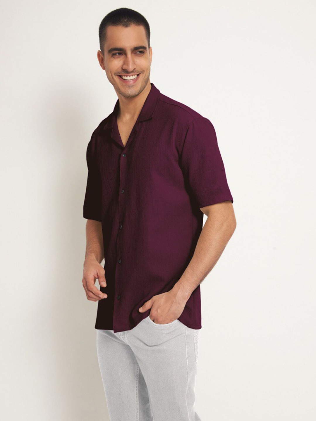 

Moda Rapido Men Relaxed Fit Cuban Collar Solid Casual Shirt, Maroon