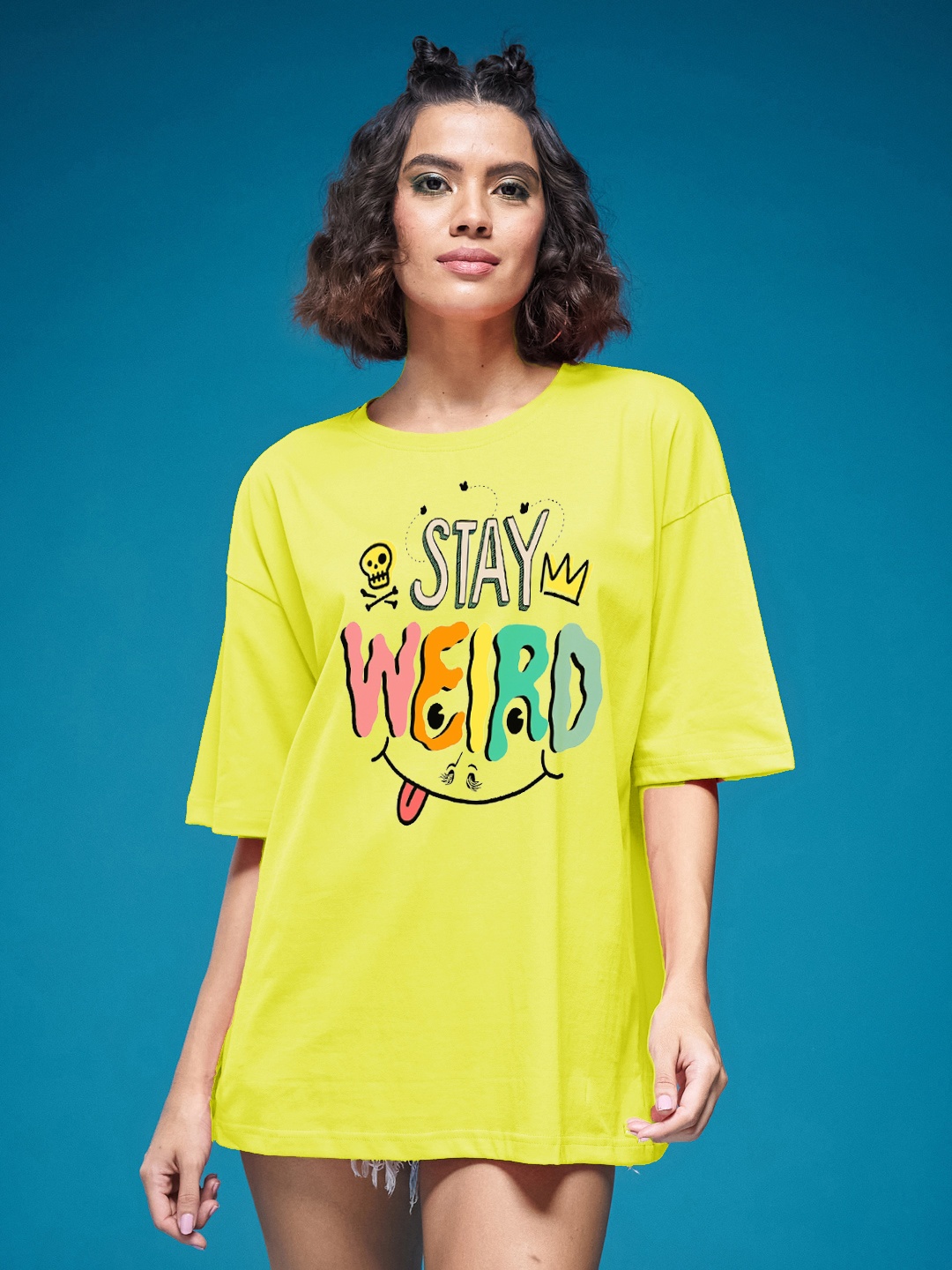 

SMARTEES Women Typography Printed Round Neck Cotton Oversized T-shirt, Lime green