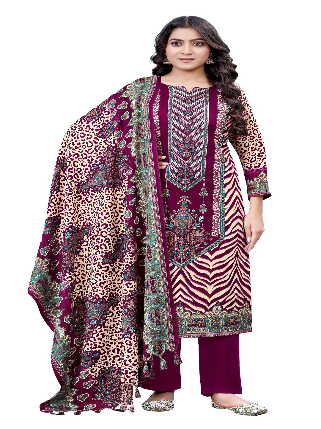 

DRAVINAM Trends Floral Printed Pashmina Unstitched Dress Material, Maroon