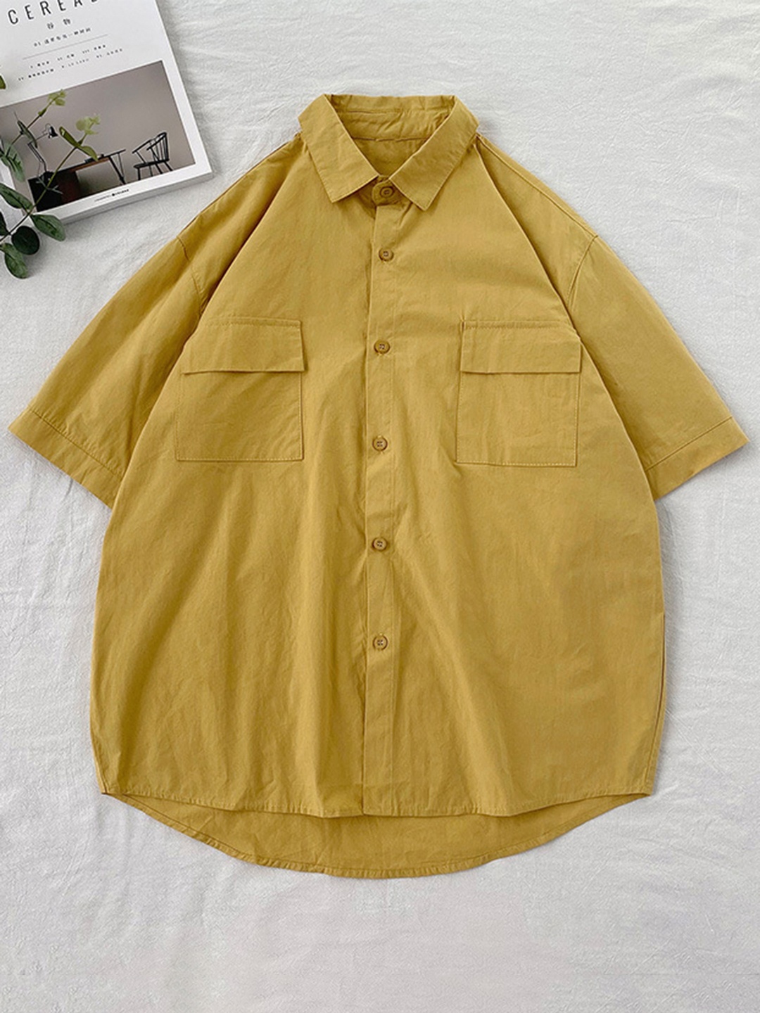 

HERE&NOW Men Oversized Fit Spread Collar Solid Casual Shirt, Yellow