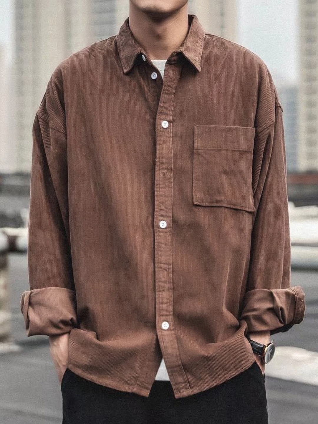 

HERE&NOW Men Oversized Fit Spread Collar Solid Casual Shirt, Brown