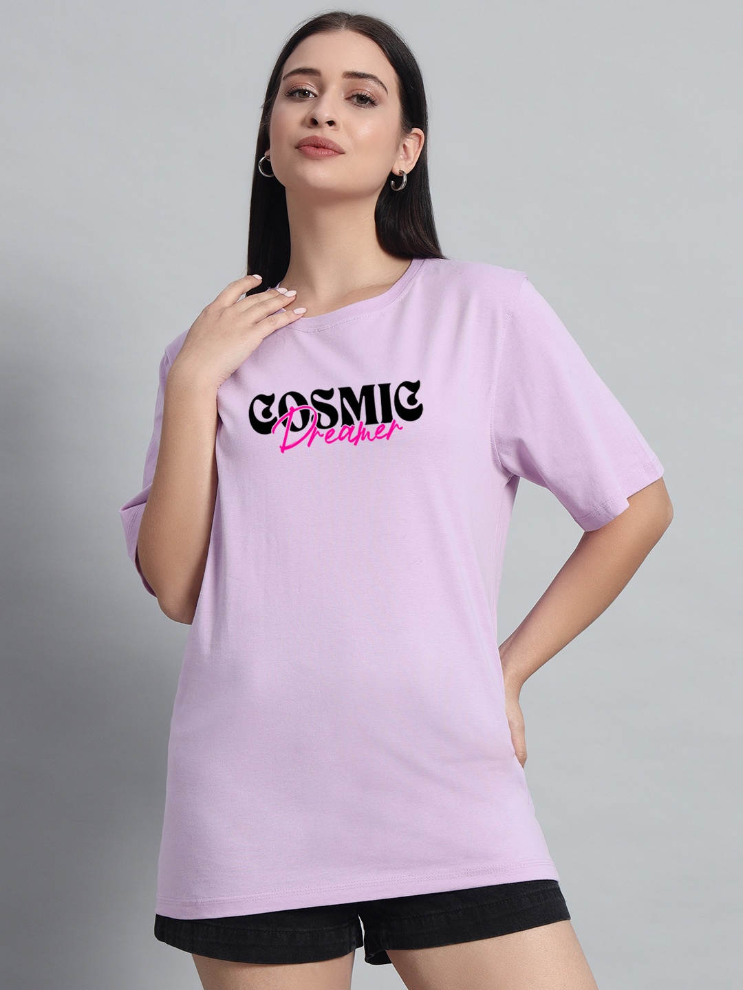 

N1F FASHION Women Graphic Printed Round Neck Cotton Oversized T-shirt, Lavender