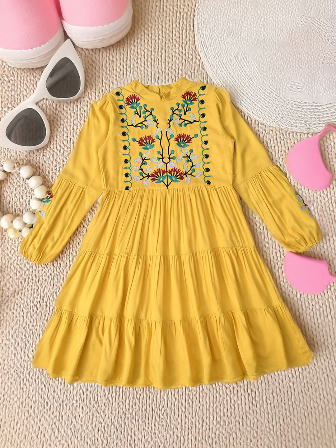 

Bella Moda Girls Floral Embroidered Puff Sleeve Cotton Fit & Flare Dress, Yellow