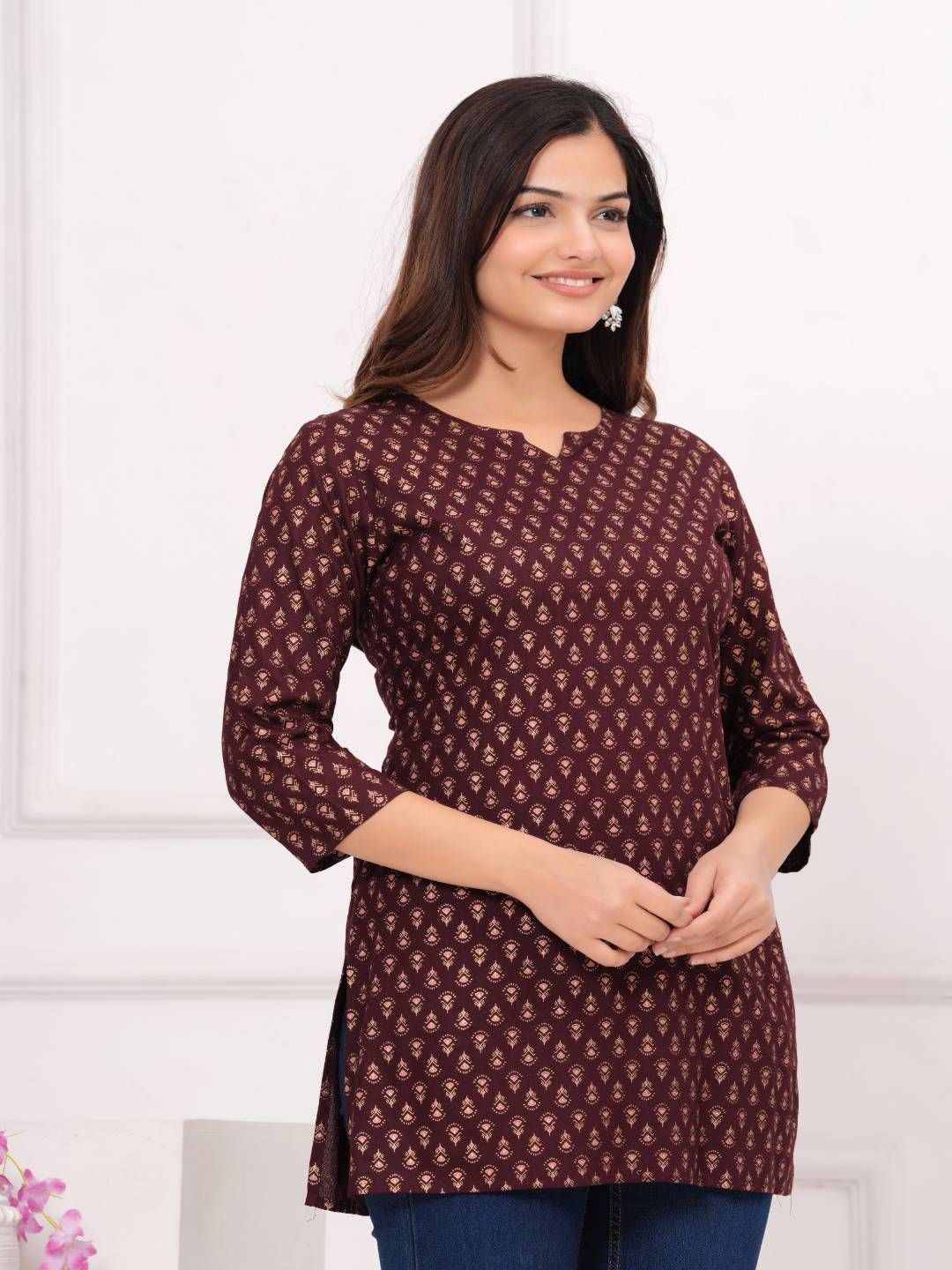 

WESTERN COTTON Women Ethnic Motifs Printed Pure Cotton Straight Kurti, Brown