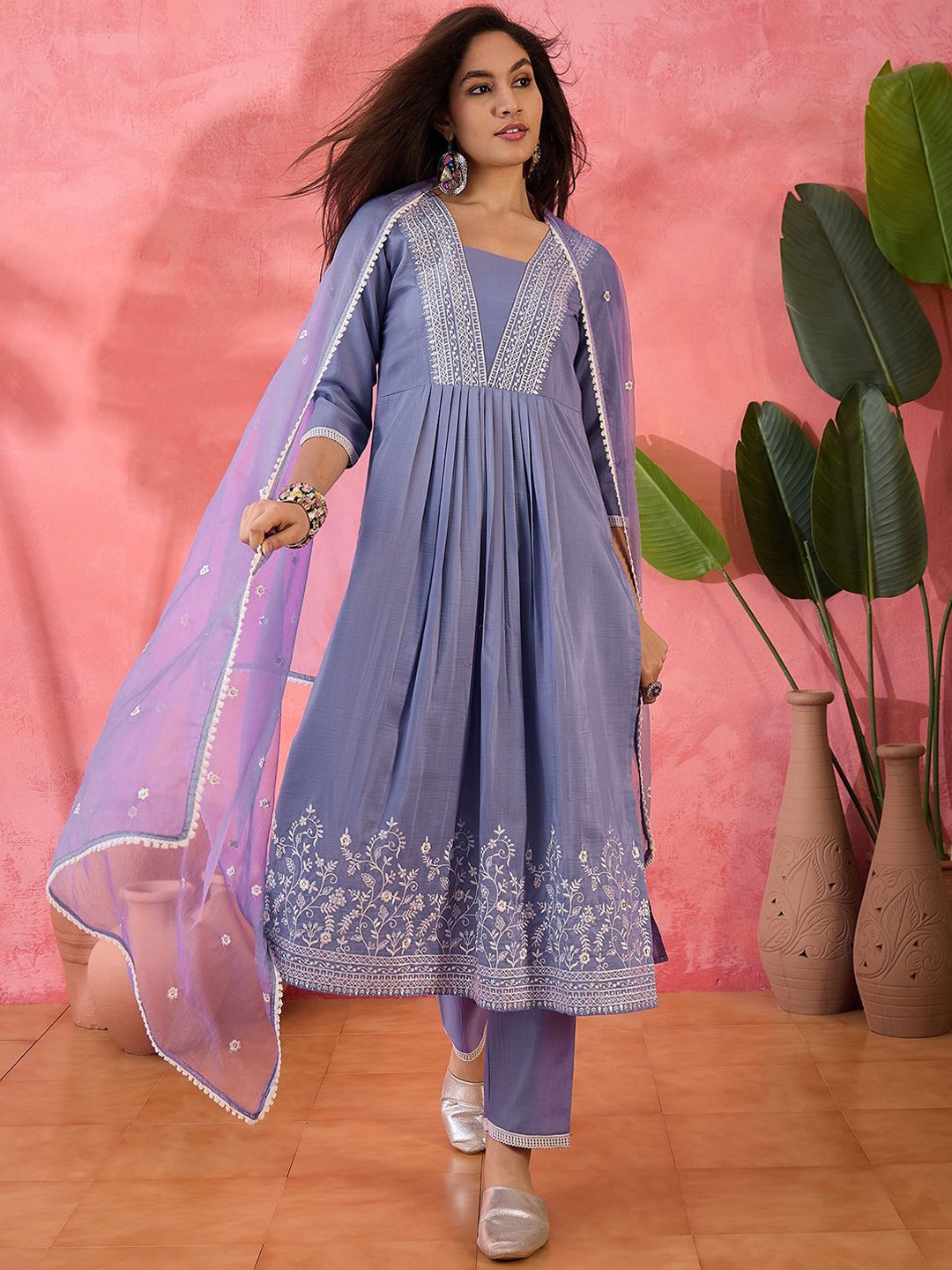 

Sangria Lavender Floral Embroidered V-Neck A-Line Kurta With Trousers And Dupatta