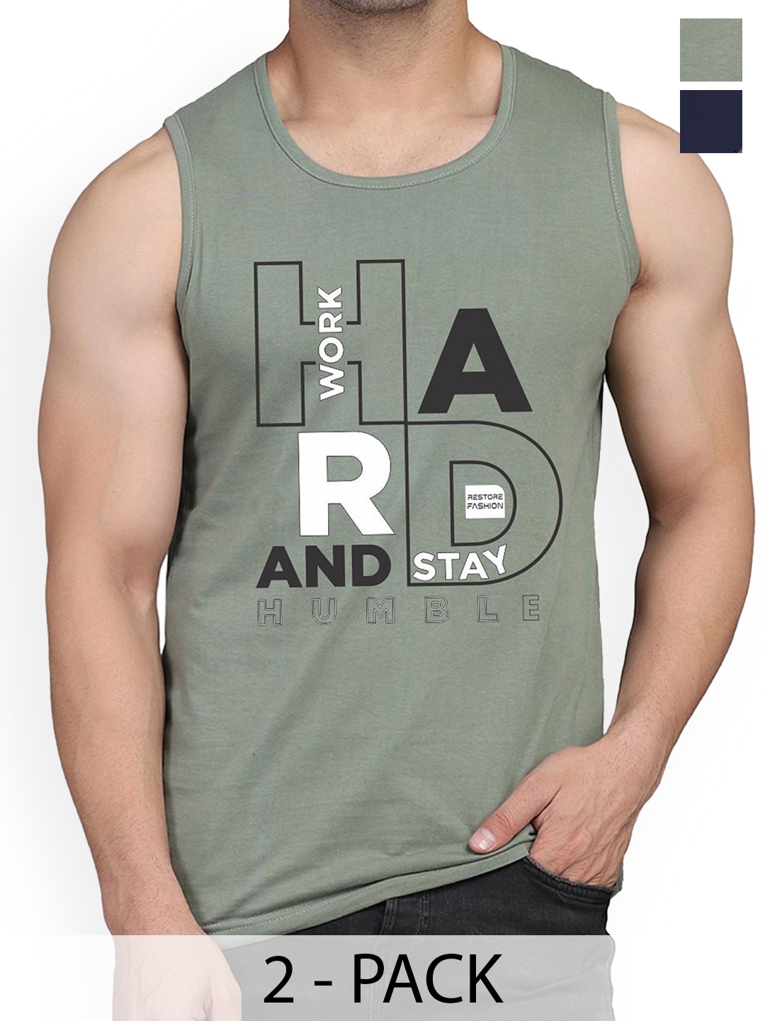 

Woostro Pack Of 2 Printed Cotton Gym Innerwear Vests RS26 CMB (98 NAVY) (HARD LGTGREEN), Navy blue