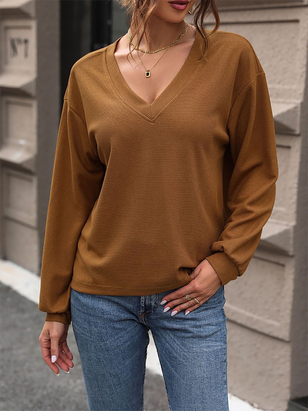

StyleCast x Revolte Women Self Design V-Neck Top, Brown