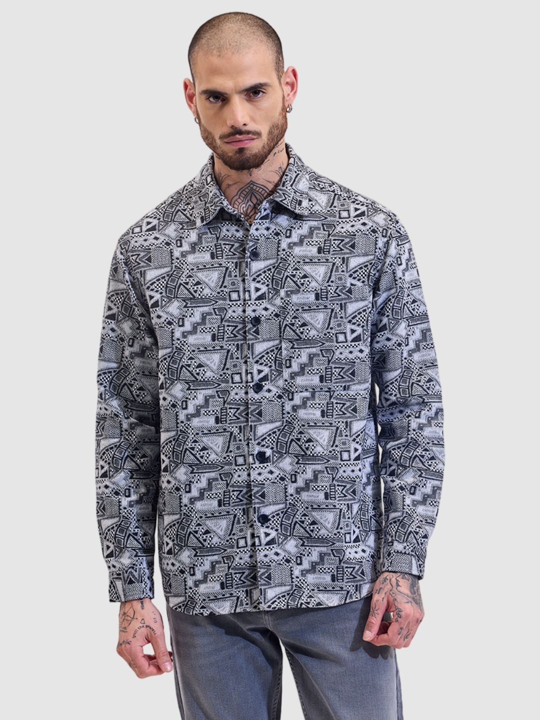 

Snitch Men Relaxed Boxy Fit Spread Collar Abstract Printed Casual Shirt, Black