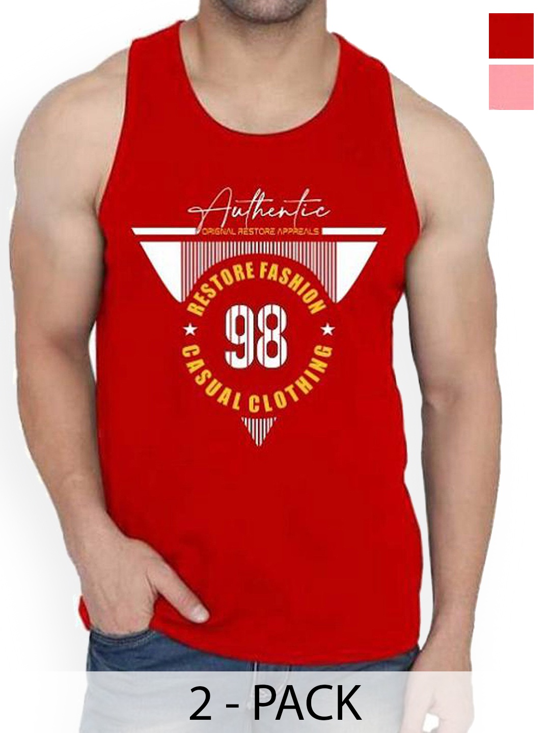 

WOOSTRO Pack Of 2 Printed Cotton Gym Vests RS26 CMB (HARD PEACH) (98 RED)
