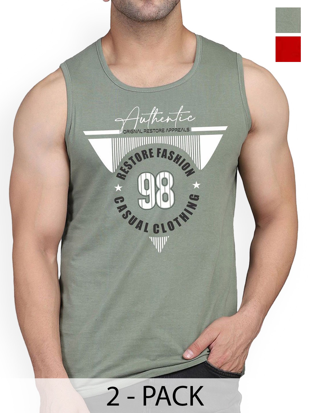 

WOOSTRO Men Pack Of 2 Printed Cotton Innerwear Gym Vests, Green
