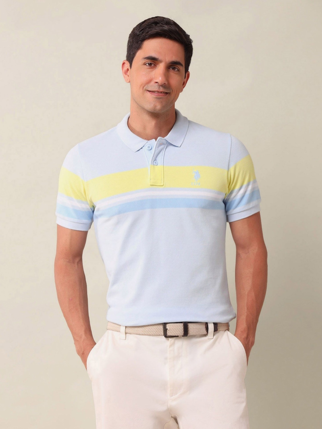 

U.S. Polo Assn. Men Striped Polo Collar Cotton Slim Fit T-shirt, Blue