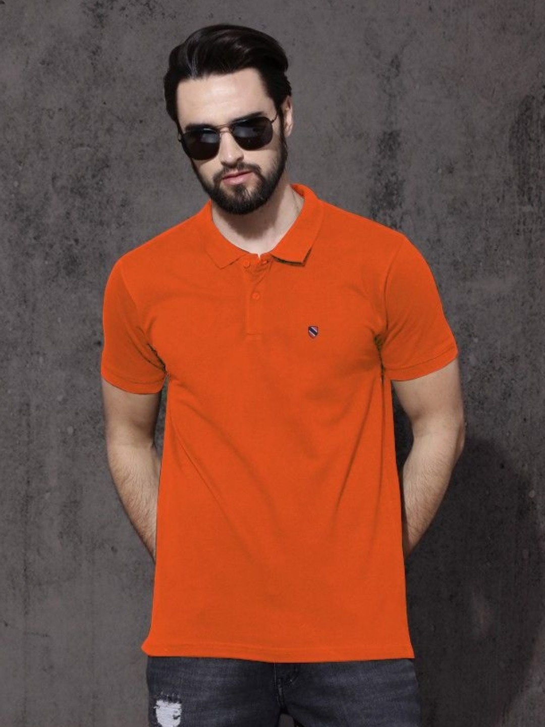 

MERRIMENT Men Solid Polo Collar Cotton T-shirt, Orange