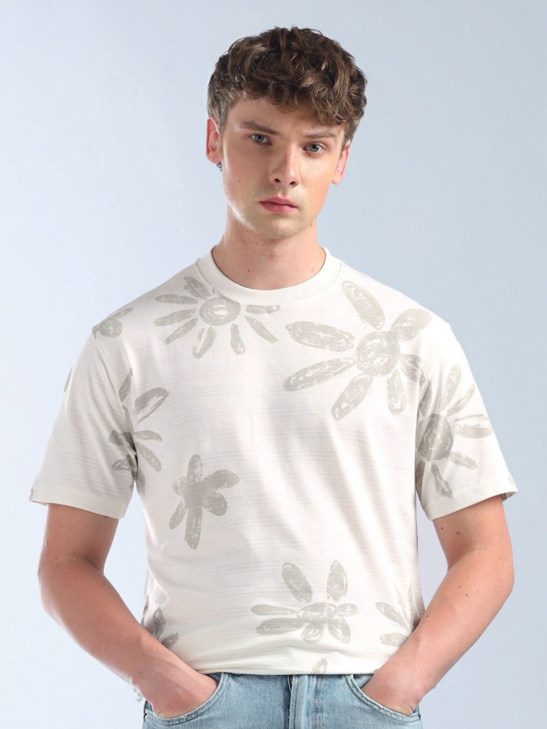 

Flying Machine Men Floral Printed Round Neck Cotton Relaxed Fit T-shirt, White