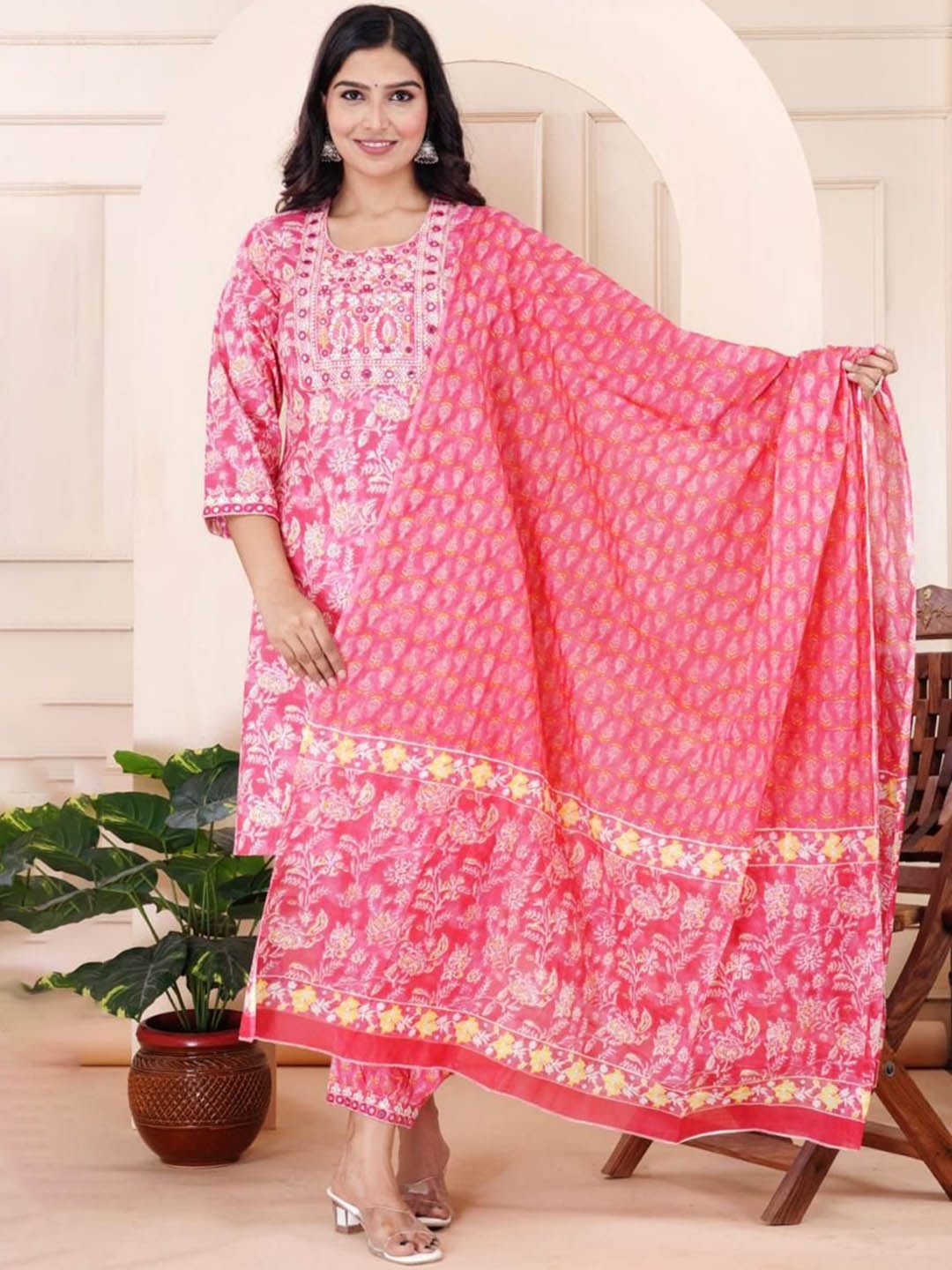 

hirangana Floral Printed Mirror Work Pure Cotton Straight Kurta With Trousers & Dupatta, Pink