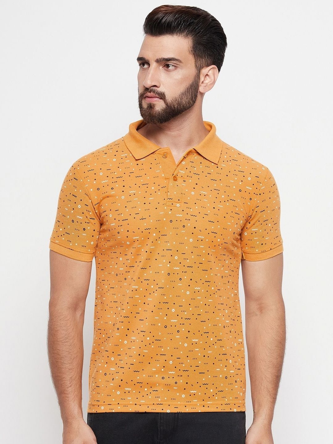 

MXN Men Abstract Printed Polo Collar Cotton T-shirt, Mustard