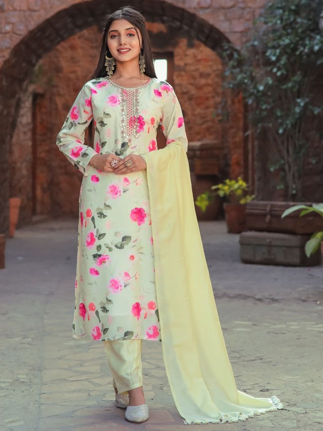 

KALINI Floral Printed Thread Work Straight Kurta With Trouser And Dupatta, Green
