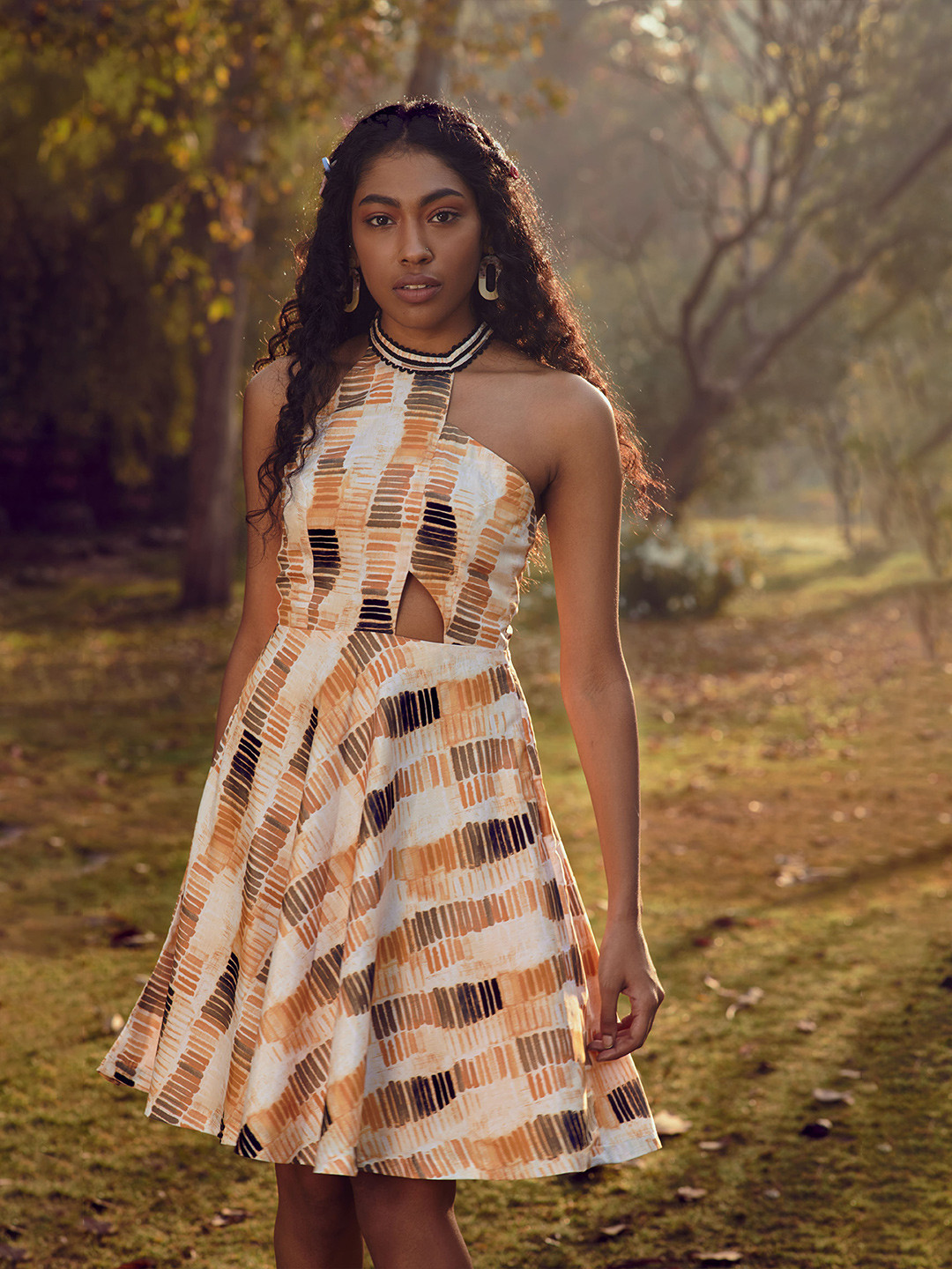 

Mamicha Print Halter Neck Crepe Fit & Flare Dress, Yellow