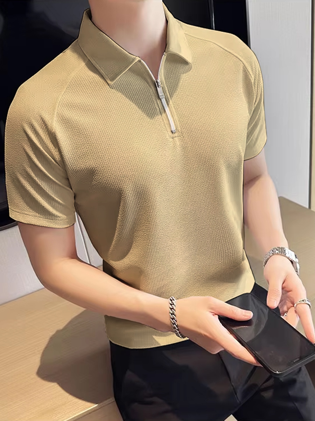 

madfrog Men Self Design Polo Collar Slim Fit T-shirt, Khaki