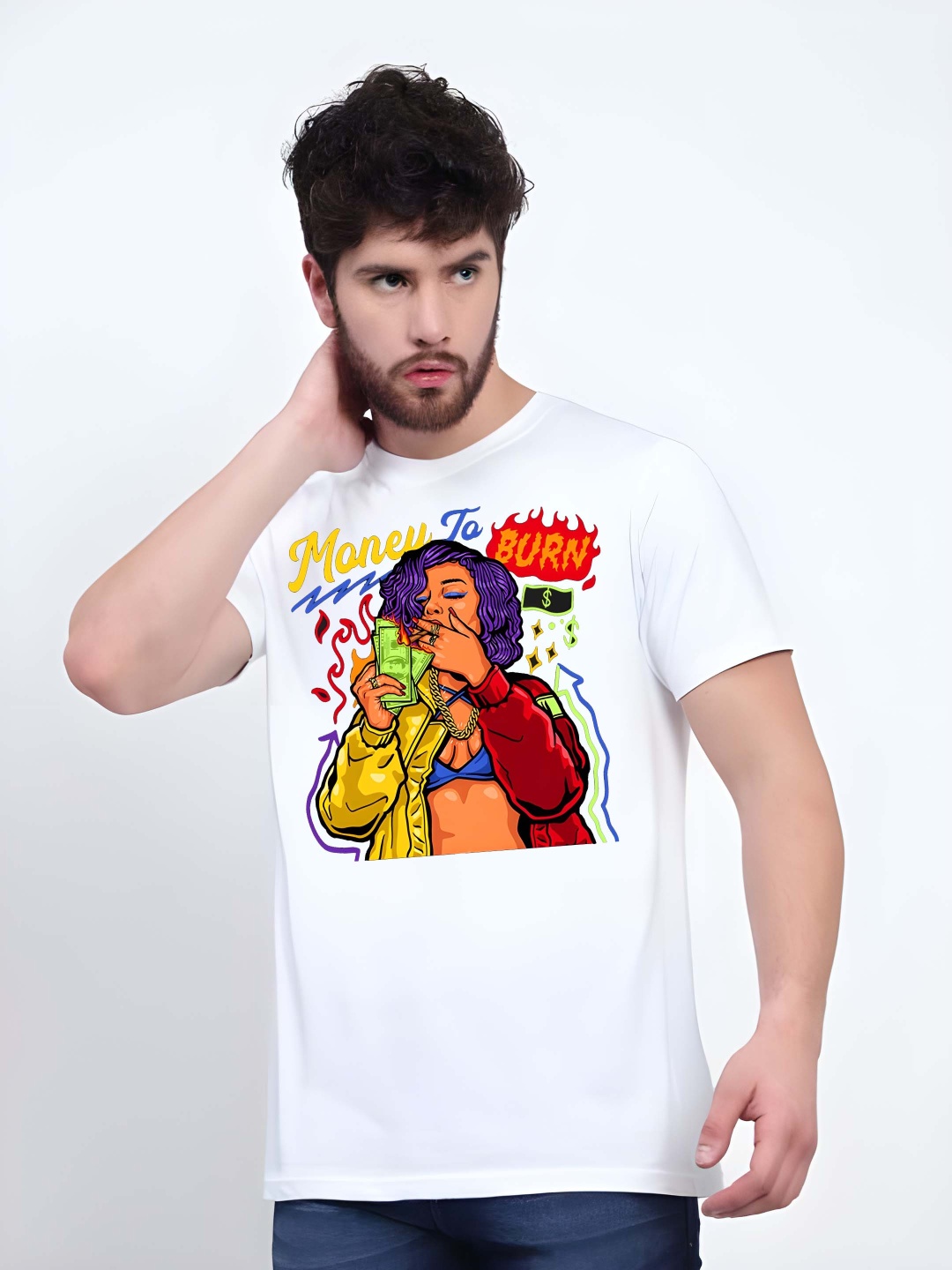 

Krimmple Men Graphic Printed Round Neck Cotton T-shirt, White