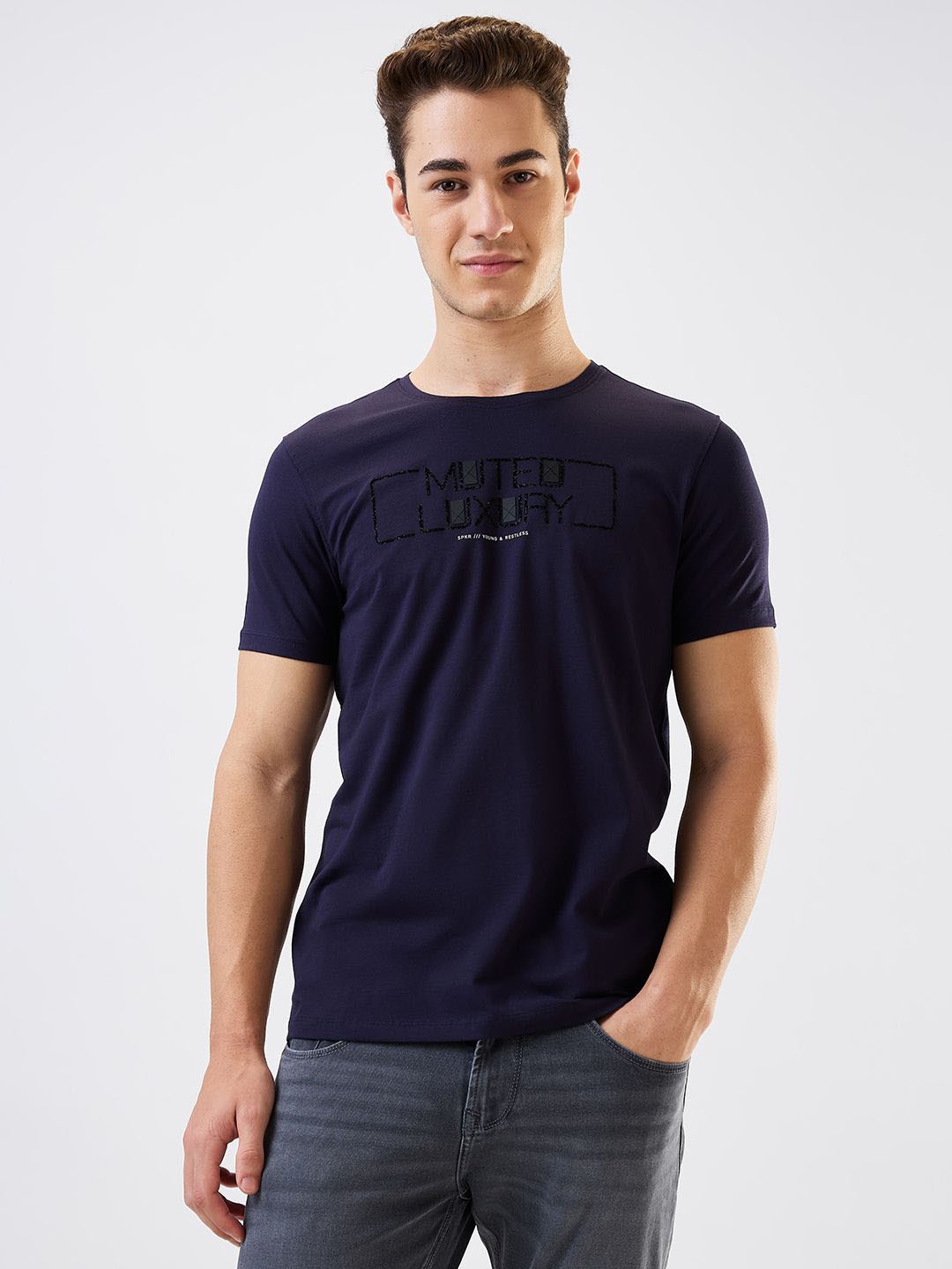 

SPYKAR Men Typography Printed Round Neck Cotton Slim Fit T-shirt, Navy blue
