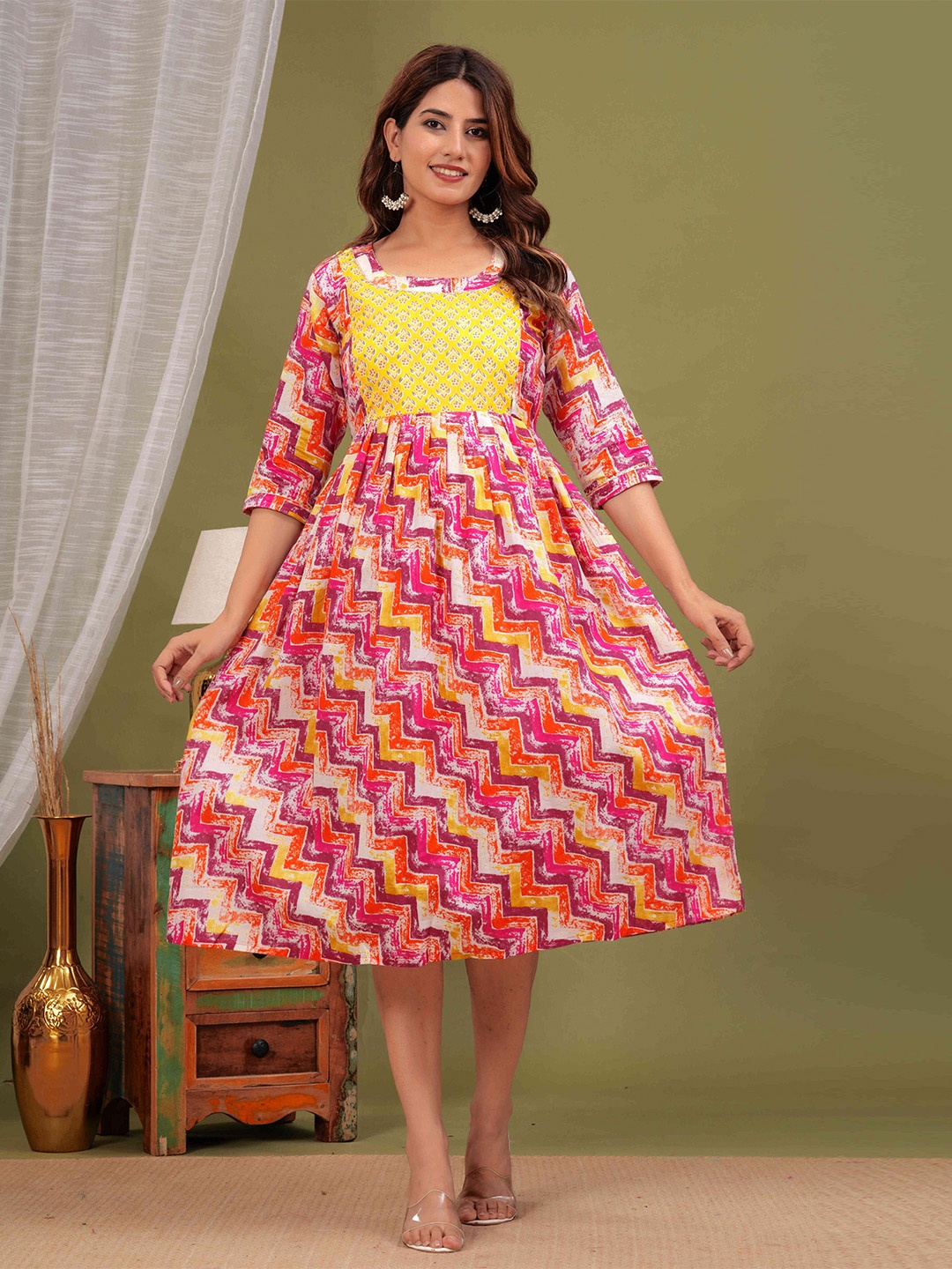 

FEMARY Women Geometric Printed Maternity Cotton Fit and Flare Midi Dress, Pink