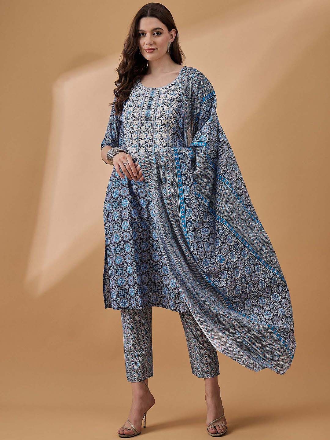 

all about you Women Ethnic Motifs Printed Regular Thread Work Kurta with Trousers & With Dupatta, Navy blue
