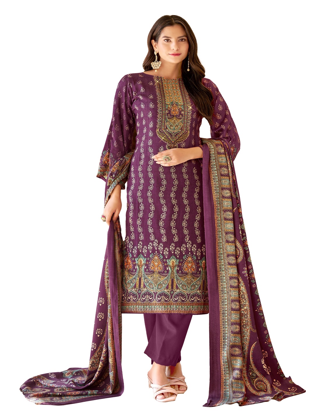 

DRAVINAM Trends Ethnic Motifs Printed Pashmina Unstitched Dress Material, Purple
