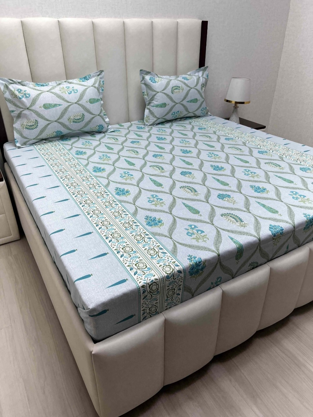 

Pure Decor Green & Grey Floral Pure Cotton 400 TC Queen Bedsheet 2.28 m x 2.54 m