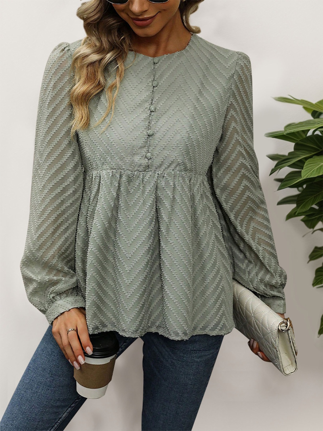 

StyleCast x Revolte Self Design Cuffed Sleeves Empire Top, Green