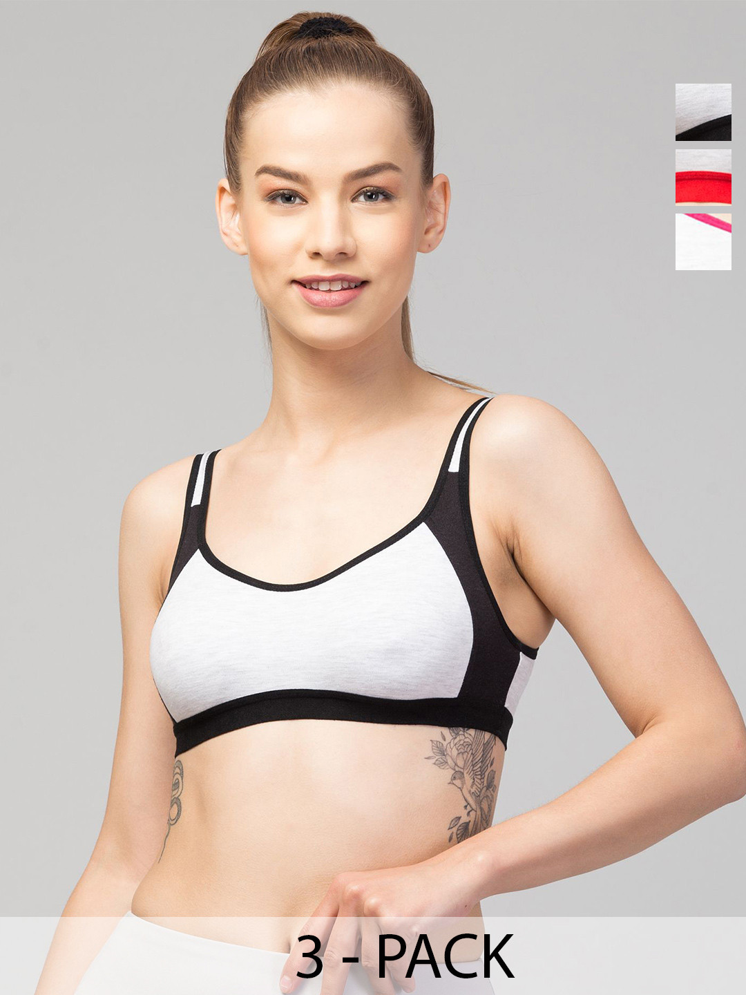 

CKARFE Women Pack Of 3 Colourblocked Full Coverage Non Padded Pure Cotton Workout Bra, Black