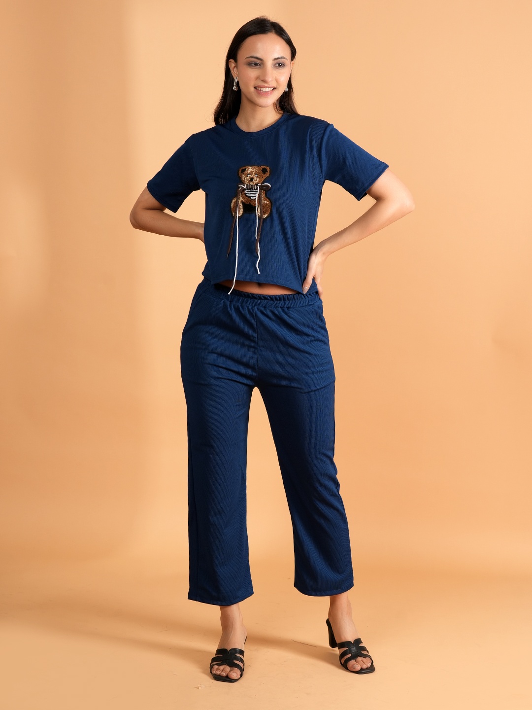 

NEYSA Striped Self Design Round Neck T-Shirt With Trousers, Navy blue