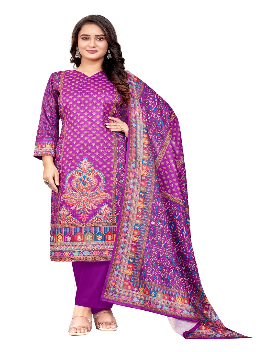 

DRAVINAM Trends Ethnic Motifs Printed Unstitched Dress Material, Purple