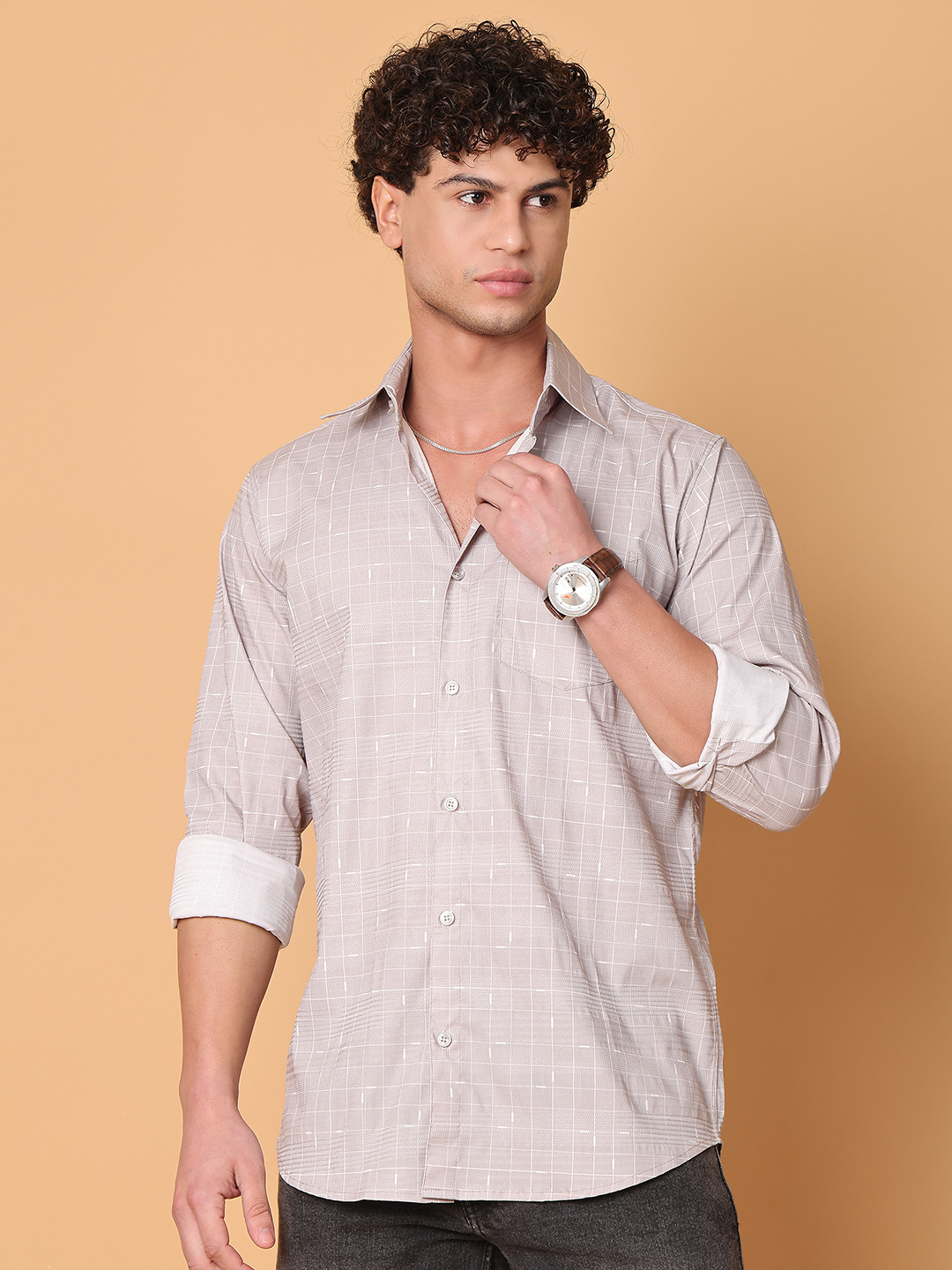 

Tanip Men Spread Collar Checked Cotton Casual Shirt, Beige