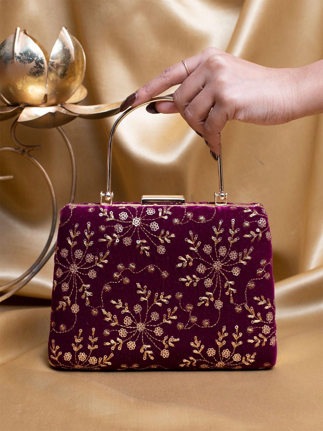 

ARTKLIM Floral Embroidered Sequinned Box Clutch, Maroon