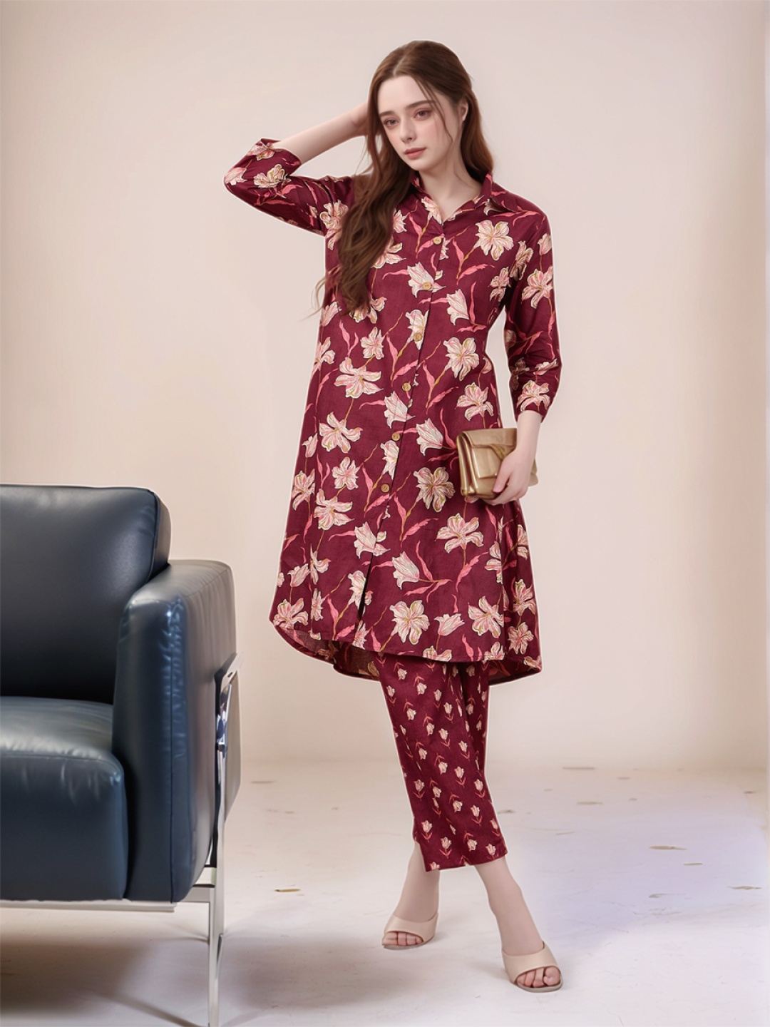 

BAESD Floral Printed Pure Cotton Shirt Collar Tunic With Trouser, Maroon